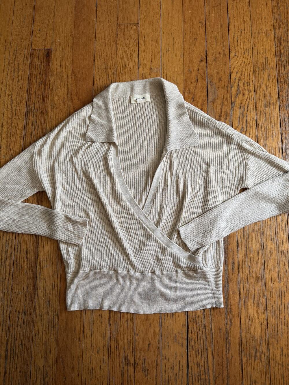 L'AGENCE Sweater Womens XS/S Beige Wrap V Neck Metallic Ribbed Knit Lightweight